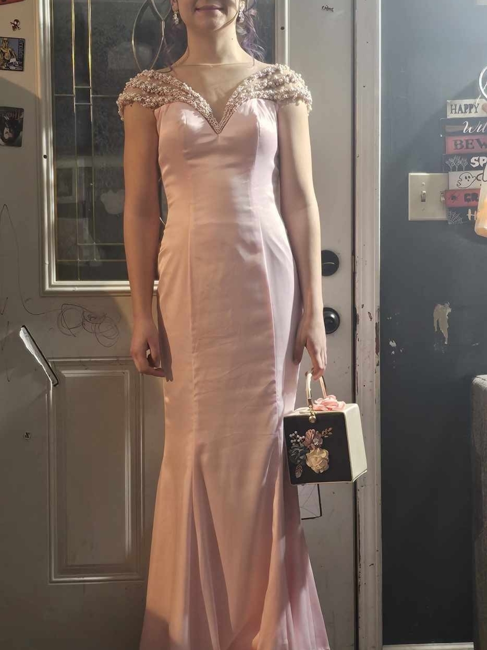 Elegant Pink Beaded Off-Shoulder Evening Gown